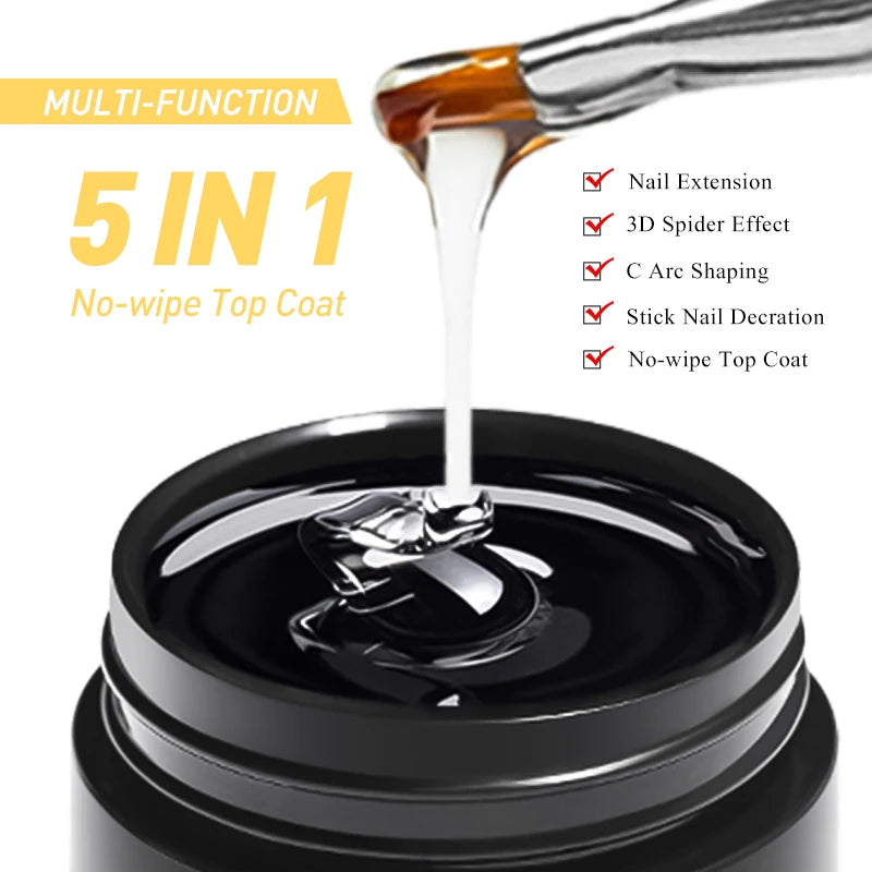 5-in-1 Glue Gel  - Reinforcement Gel, No-Wipe Top Coat, Manicure UV LED Soak Off Nail Gel Varnish for 3D Chrome Design