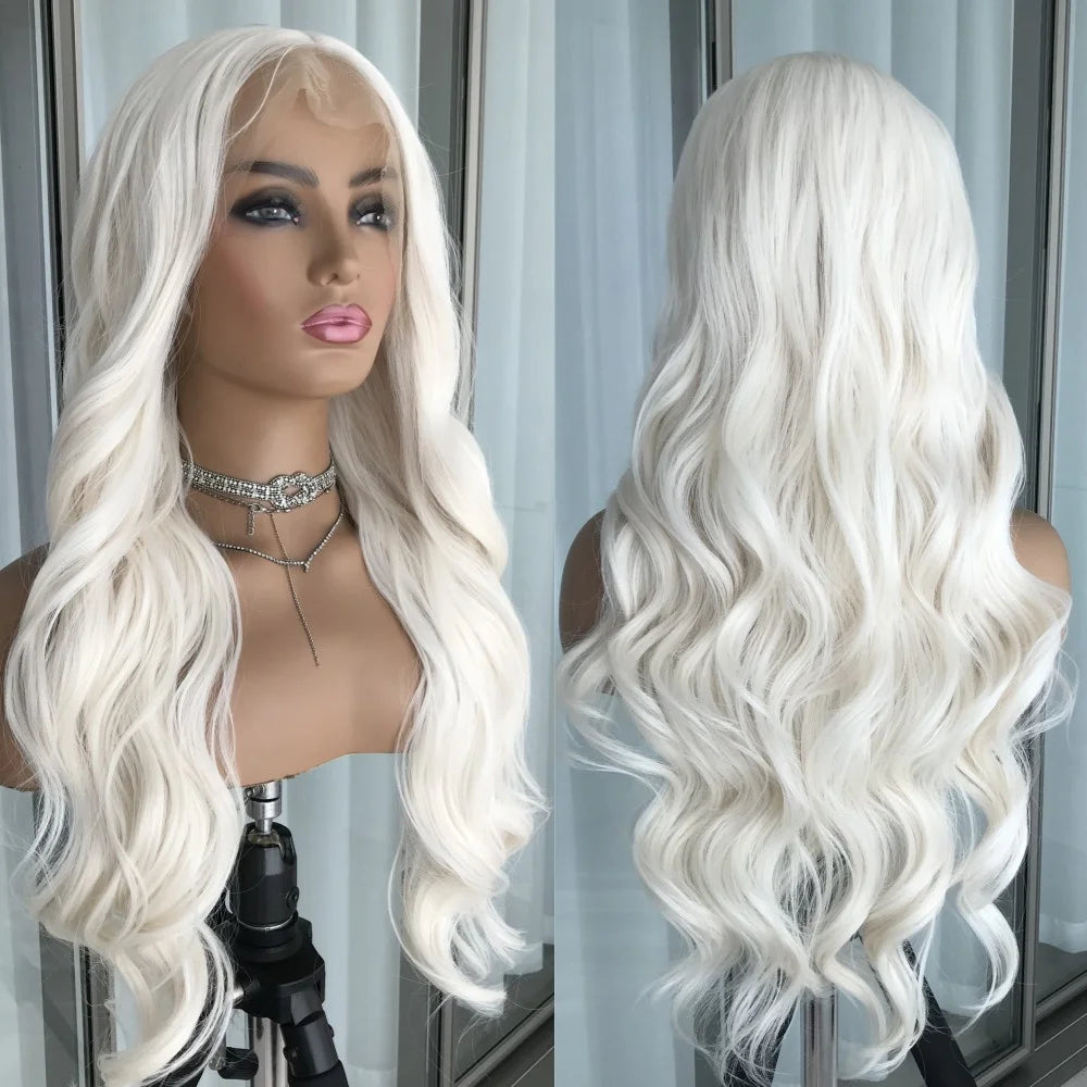 Ash Blonde Body Wave Lace Front Wig – Pre‑Plucked Long Wavy Synthetic Lace Frontal for Women
