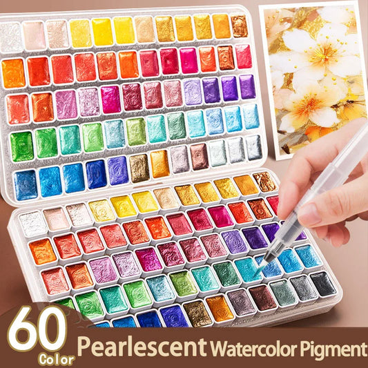 12/20/24/60 Color Solid Watercolor Paint Set -Metallic Glitter Pearlescent Pigments