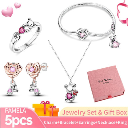 Pink Heart Bracelet Set 925 Silver Original Flower Ring Butterfly Earrings & Gift Box For Women Wedding Jewelry Best Wish 5pcs