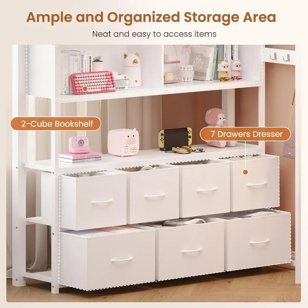 Full Loft Bed w/ L‑Desk, 7 Drawers, LED & USB — White