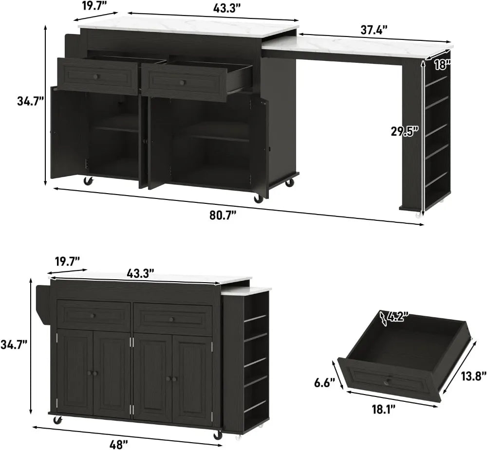80"–48" Extendable Kitchen Island with Power Outlet & Marble Top