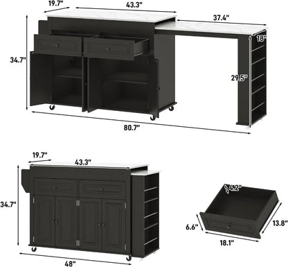 80"–48" Extendable Kitchen Island with Power Outlet & Marble Top
