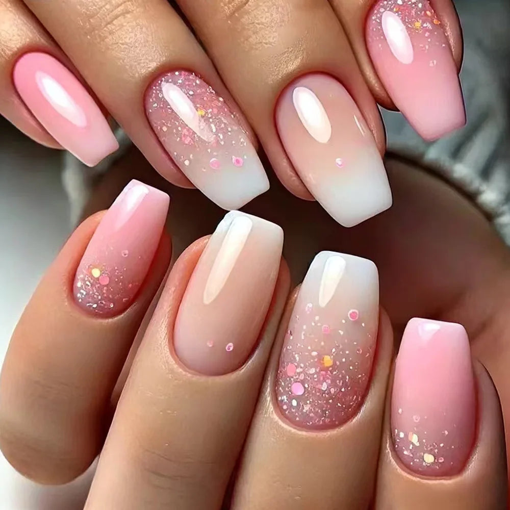 24pcs Gold Stripe Press‑On Nails – Long Square Full Cover Tips
