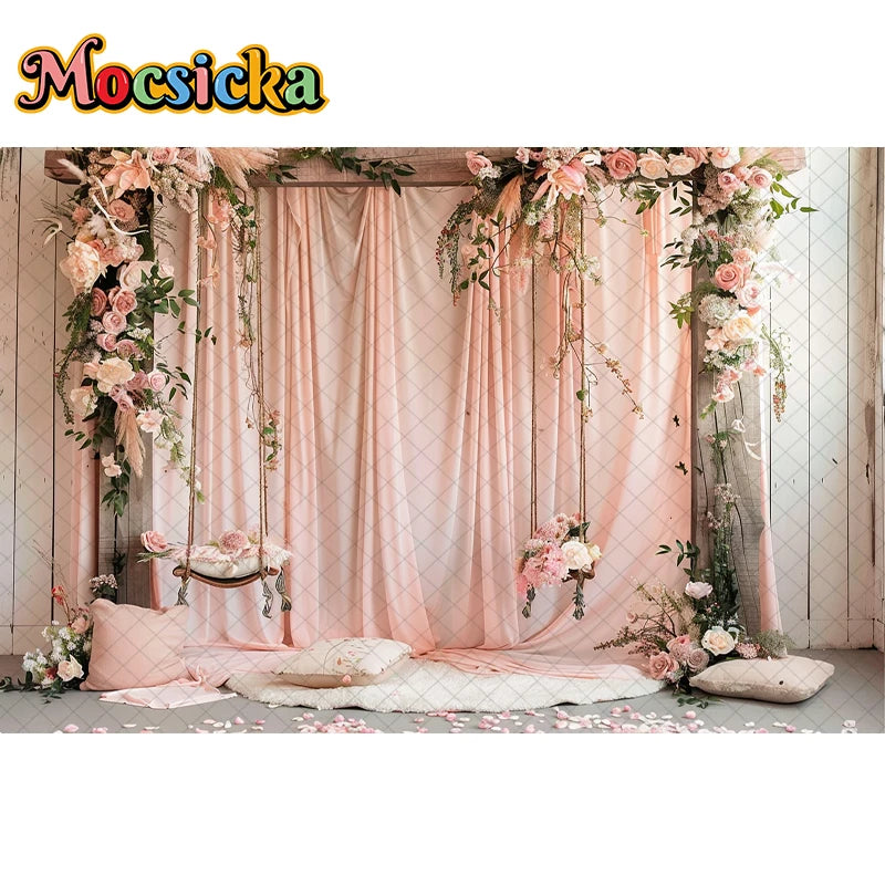 Mocsicka Photography Background Spring Indoor Wreath Cradle Decor Wedding Maternity Adult Kids Portrait Backdrop Photo Studio