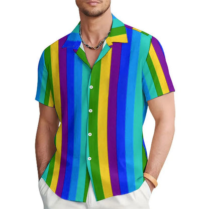 2024 new summer men's shirts rainbow striped casual short-sleeved shirts 3D HD full body printing shirts versatile fashion comfo