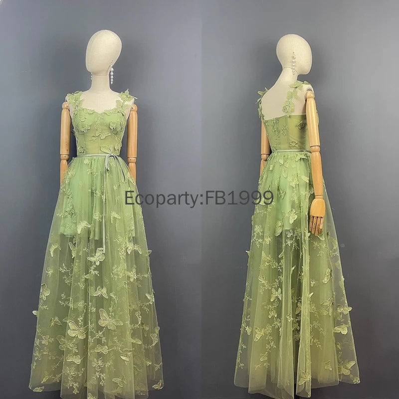 Elegant Corset Evening Gown with Tulle Skirt & 3D Butterfly Appliqués