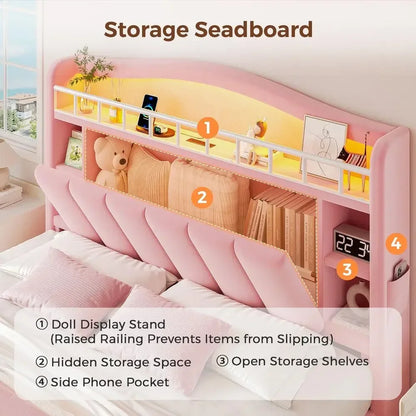 LED Velvet Bed Frame with Storage Headboard & 2 Drawers