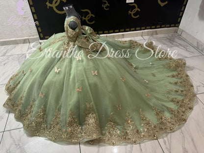 Green Flower Girl Dress For Wedding 3D Butterfly Applique Tulle Kids Birthday Party First Communion Ball Gowns Customized