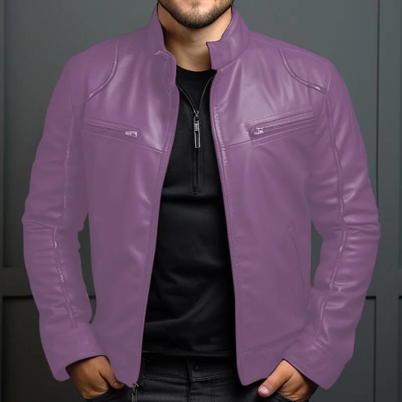 Men's Biker Leather Jacket Stand-up Collar Punk Leather Jacket Men