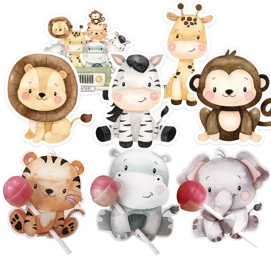 48pcs Wild Animal Lollipop Cards Carton Candy Holder For Kids Wild Forest Happy Birthday Party Candy Gift Accessories Supplies
