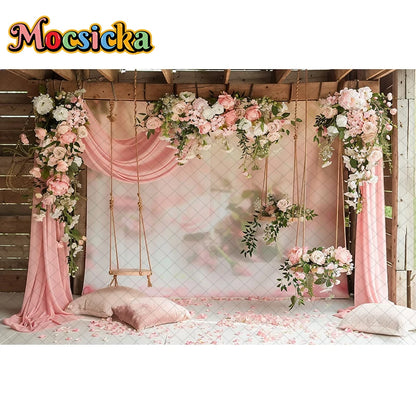Mocsicka Photography Background Spring Indoor Wreath Cradle Decor Wedding Maternity Adult Kids Portrait Backdrop Photo Studio