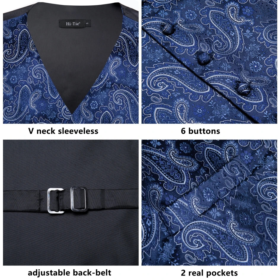Hi-Tie 20 Color Silk Men's Vests Tie Slim Sleeveless Jacket Hanky Cufflink Waistcoat 4PC Suit