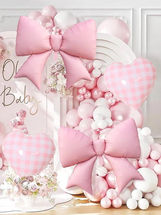 4pcs Pink Bow and Plaid Heart Balloon Set for Birthday , Bridal Gifts, Weddings, Engagements, Anniversaries Decoration