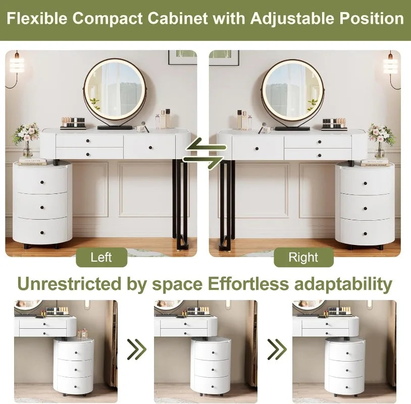 Round‑Mirror Vanity Desk with Lights — 6‑Drawer Makeup Table