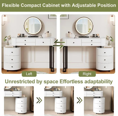Round‑Mirror Vanity Desk with Lights — 6‑Drawer Makeup Table