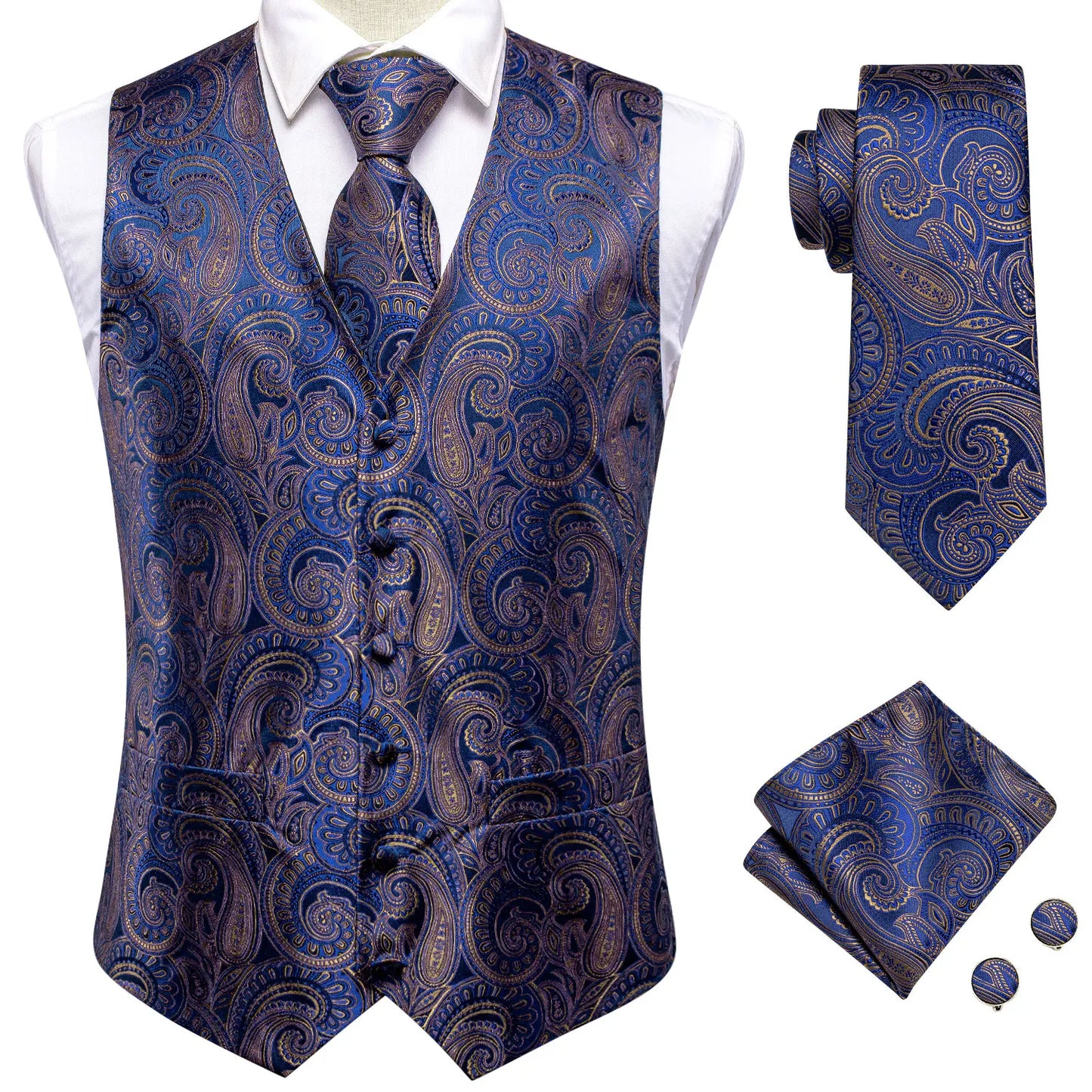 Hi-Tie 20 Color Silk Men's Vests Tie Slim Sleeveless Jacket Hanky Cufflink Waistcoat 4PC Suit