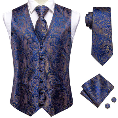 Hi-Tie 20 Color Silk Men's Vests Tie Slim Sleeveless Jacket Hanky Cufflink Waistcoat 4PC Suit
