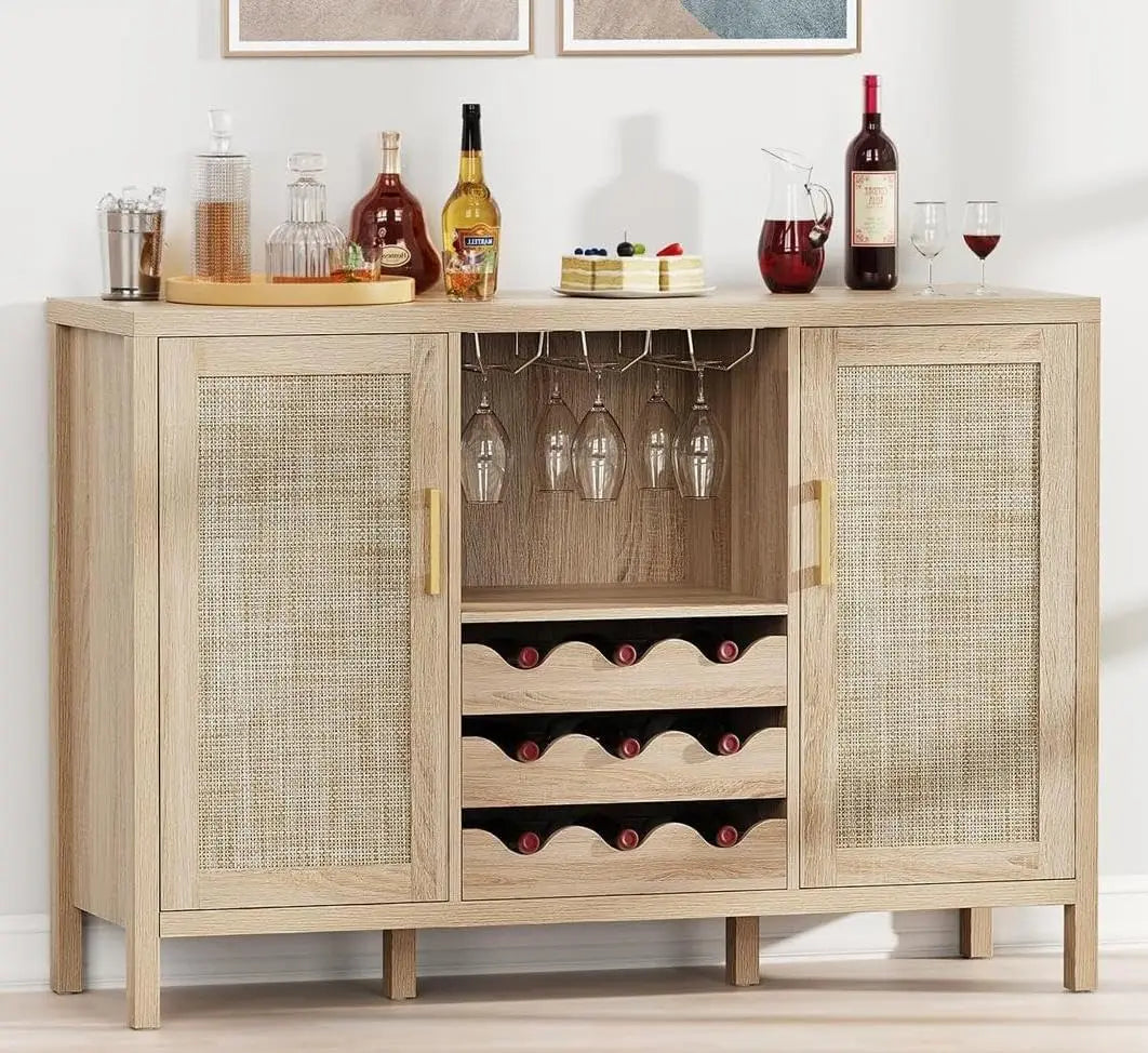 Boho Rattan Wine Bar Cabinet with Glass Holder & Drawer Racks (Custom)