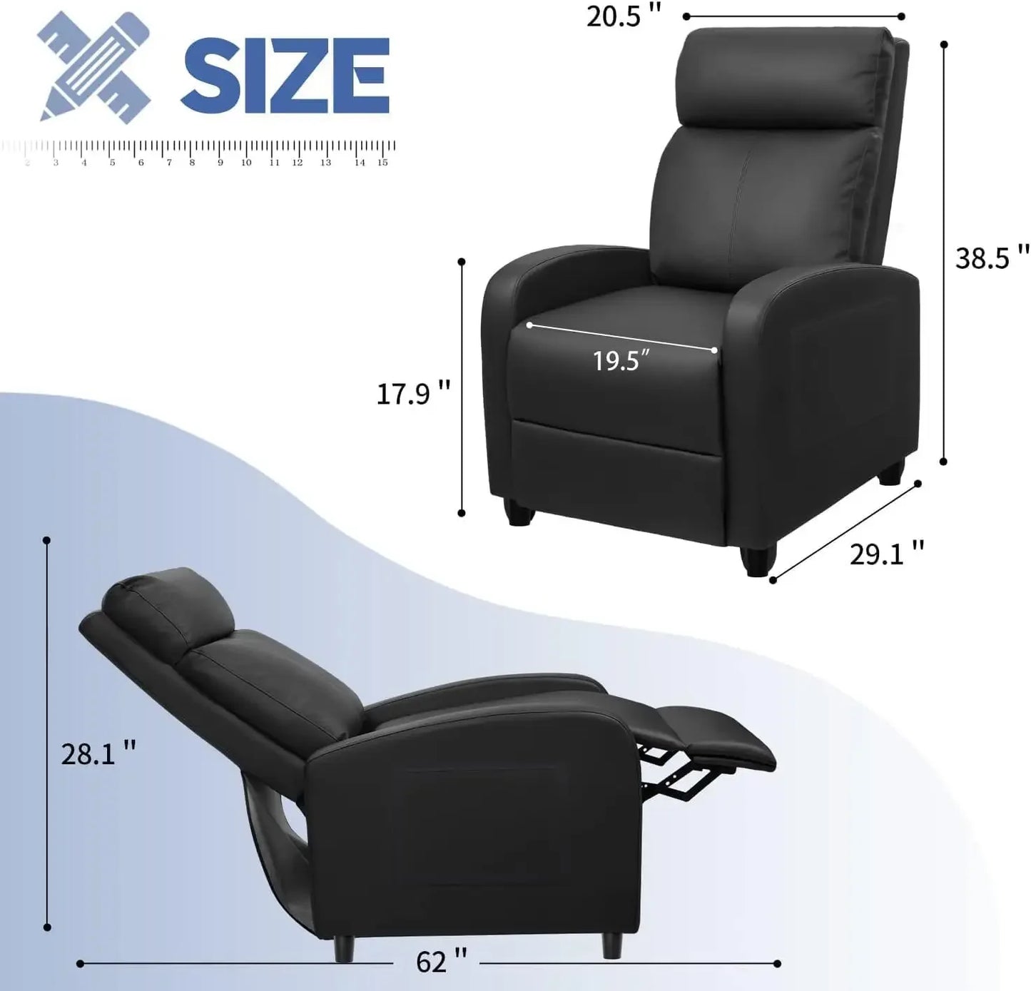 Single Recliner Sofa (PU Leather, Massage Footrest, Black)