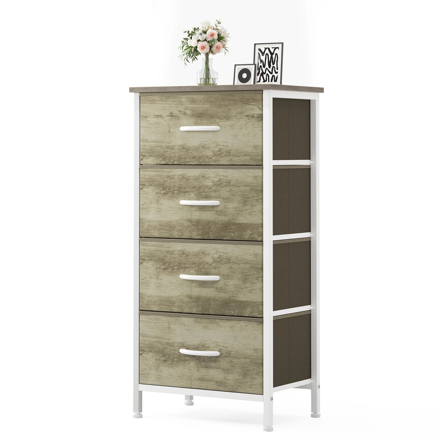 4‑Drawer Fabric Cabinet – Wood Top, Steel Frame