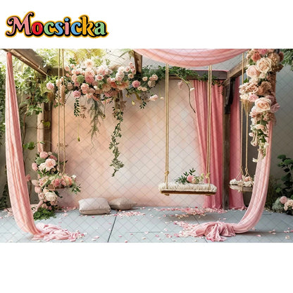 Mocsicka Photography Background Spring Indoor Wreath Cradle Decor Wedding Maternity Adult Kids Portrait Backdrop Photo Studio