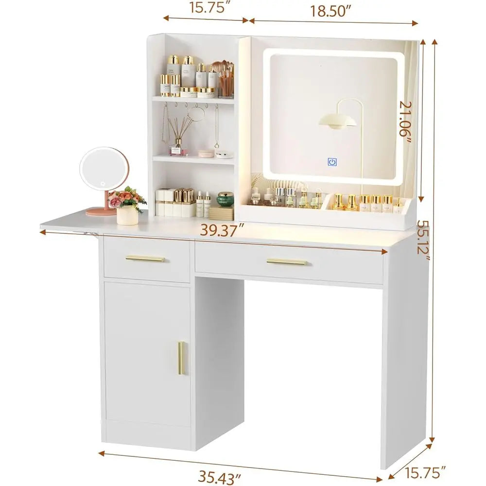 39" Vanity Desk with Mirror & Lights — Stool Included, Power Outlet