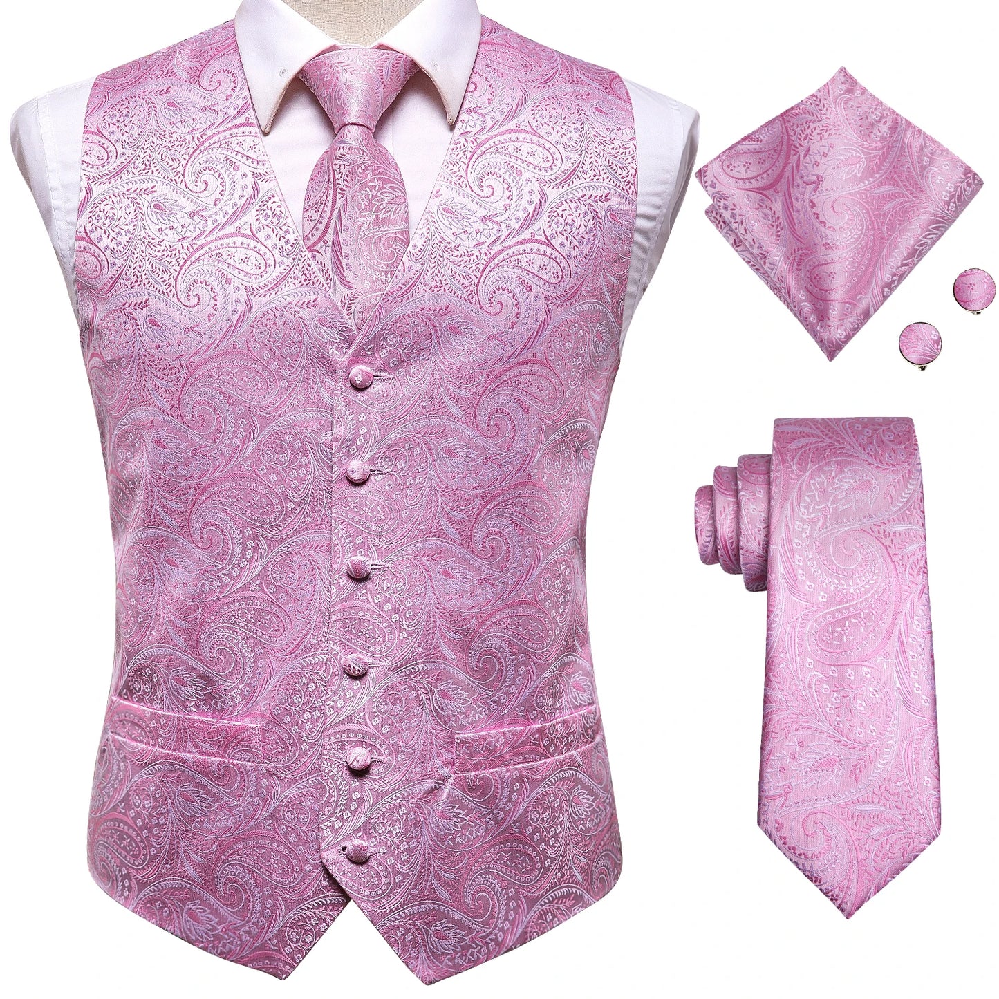 Hi-Tie 20 Color Silk Men's Vests Tie Slim Sleeveless Jacket Hanky Cufflink Waistcoat 4PC Suit