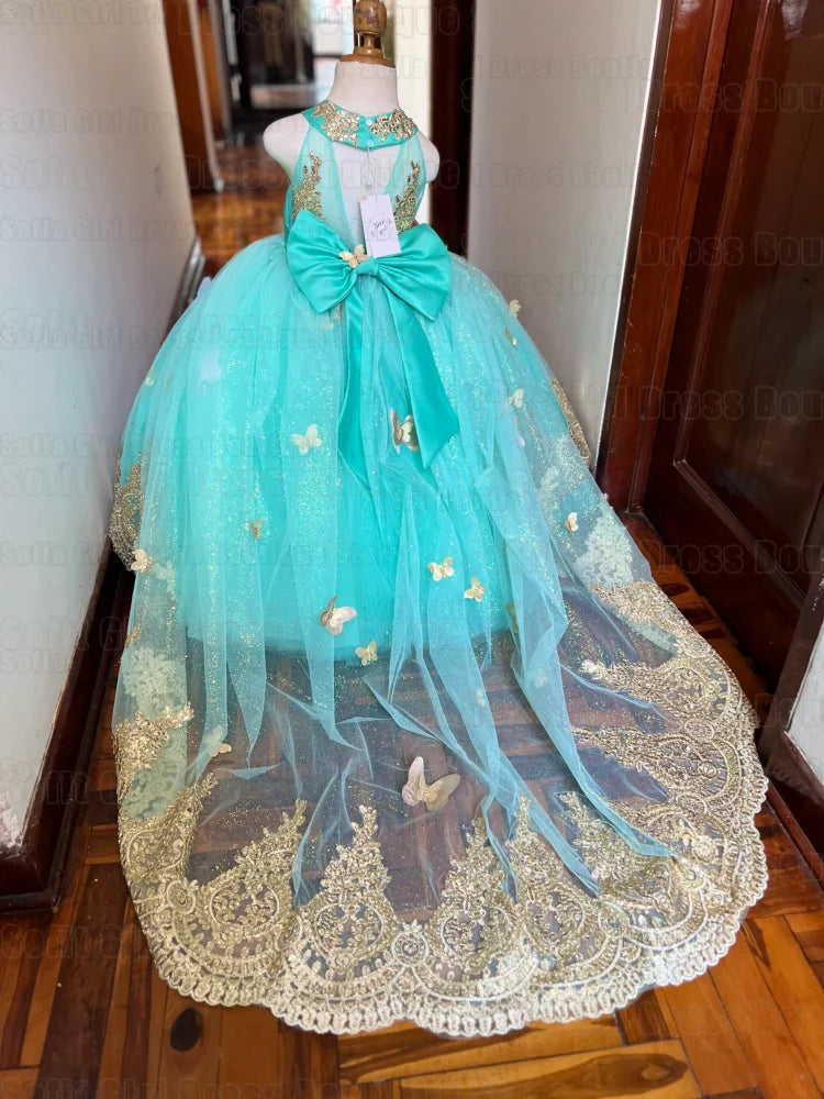 Shiny Green Tulle A‑Line Flower Girl Dress (Lace Applique · Sleeveless · Floor‑Length · Customizable)