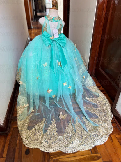 Shiny Green Tulle A‑Line Flower Girl Dress (Lace Applique · Sleeveless · Floor‑Length · Customizable)