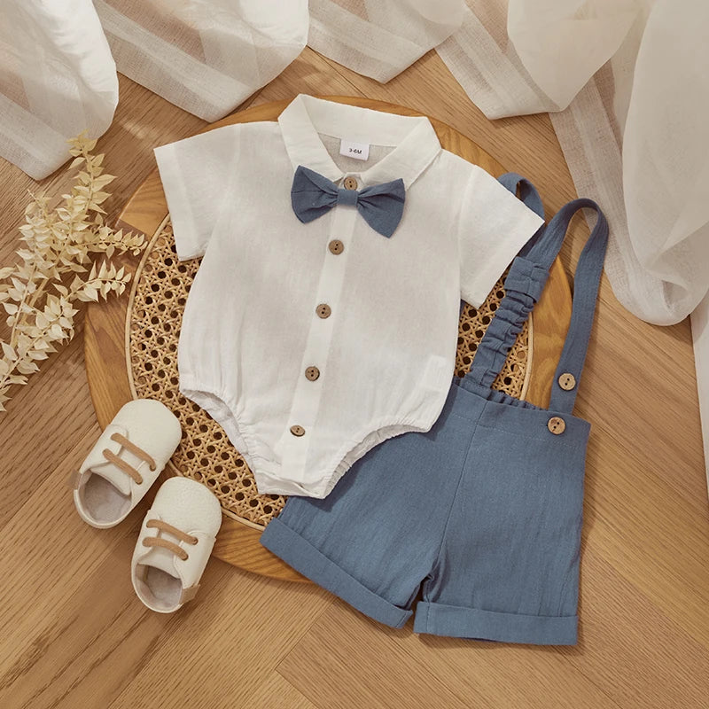 Baby Boy Outfits Short Sleeves Romper with Bow Tie Overalls Short Set