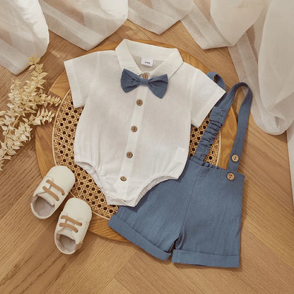 Baby Boy Outfits Short Sleeves Romper with Bow Tie Overalls Short Set