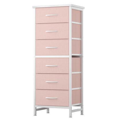 Tall 6‑Drawer Fabric Dresser with Wood Top & Metal Frame