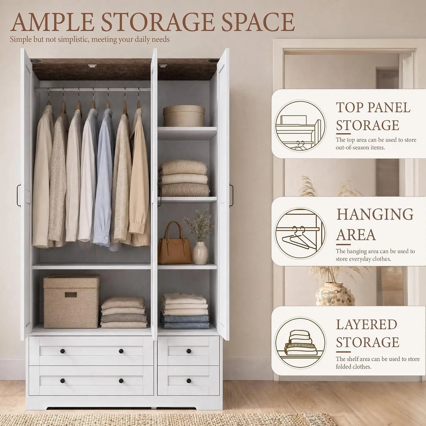 Tall 3‑Door Armoire Closet with Mirror & Drawers – White