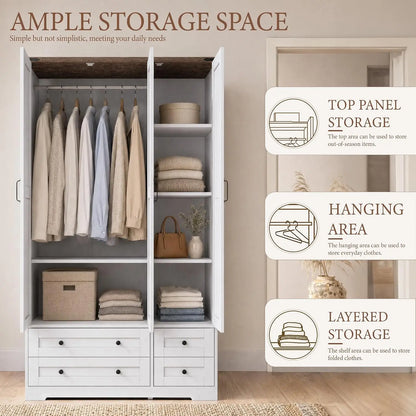 Tall 3‑Door Armoire Closet with Mirror & Drawers – White