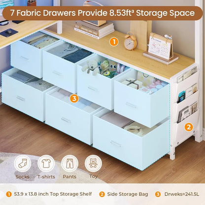 Full Loft Bed w/ U‑Desk, 7 Drawers, LED Lights & Charging Station — White