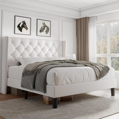Queen Size Platform Bed Frame with Button Tufted Headboard, Upholstered Bed Frame with Solid Wooden Slats, 8", Customized