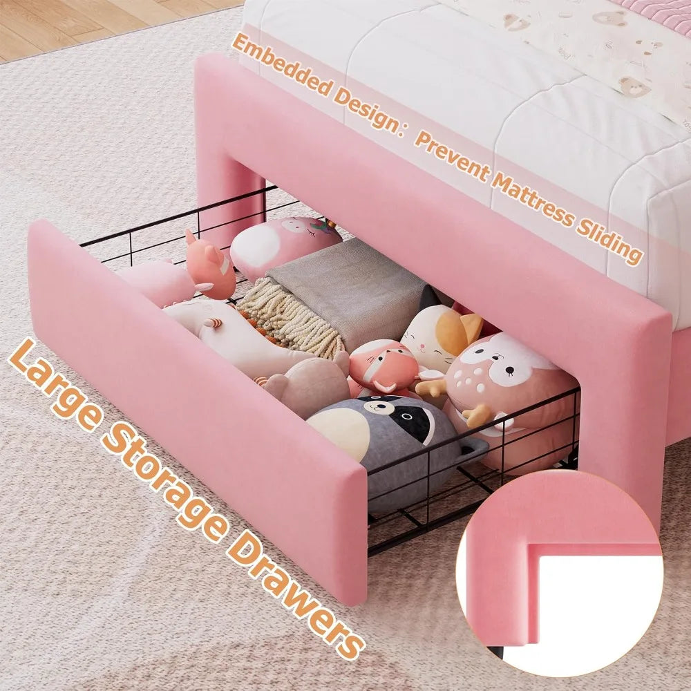 Twin Princess LED Upholstered Bed with Wavy Headboard & Storage Drawer