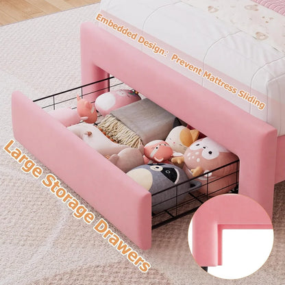 Twin Princess LED Upholstered Bed with Wavy Headboard & Storage Drawer