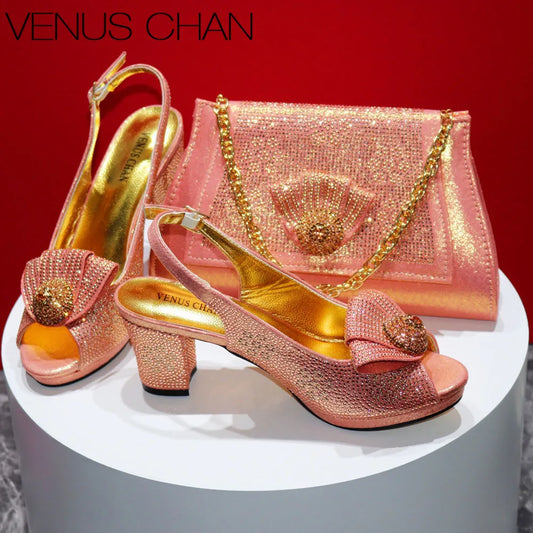 Mature Sweet Spot New Arrival Peach-Colored Square-Heel Peep-Toe Shoes with Matching Bag Set for Nigerian Women's Wedding Party Pumps