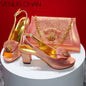 Mature Sweet Spot New Arrival Peach-Colored Square-Heel Peep-Toe Shoes with Matching Bag Set for Nigerian Women's Wedding Party Pumps
