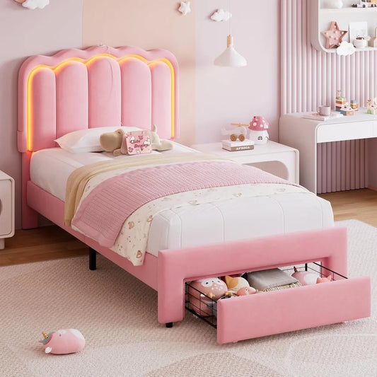 Twin Princess LED Upholstered Bed with Wavy Headboard & Storage Drawer