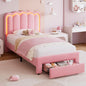 Twin Princess LED Upholstered Bed with Wavy Headboard & Storage Drawer