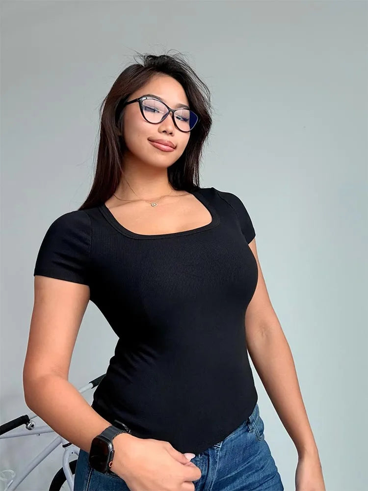Square Neck Elastic Slim Tee – Summer