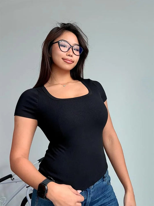Square Neck Elastic Slim Tee – Summer