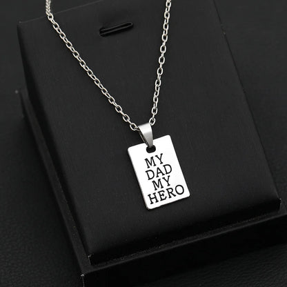 "MY DAD MY HERO" Keychain Necklace for Men Women Square Brand Carved Letter Pendant Chain Key Ring Accessories Father's Day Gift