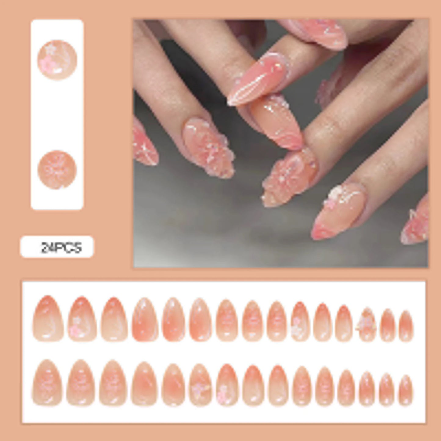 24pcs White Flower Fake Press on Nail Tips Yellow Pink Blush Full Cover Almond Shaped