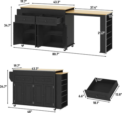 80"–48" Extendable Kitchen Island with Power Outlet & Storage
