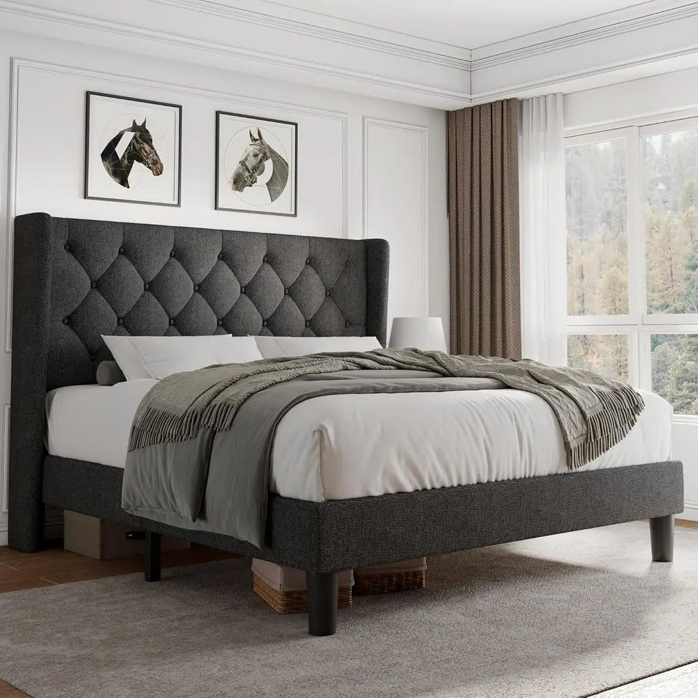 iPormis ull Size Platorm Bed e with Button Tuted board, Upholstered Bed e with Solid Wooden Slats, 8" Underbed Space, No Box Spr