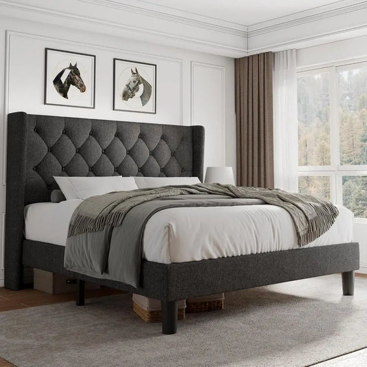 iPormis ull Size Platorm Bed e with Button Tuted board, Upholstered Bed e with Solid Wooden Slats, 8" Underbed Space, No Box Spr